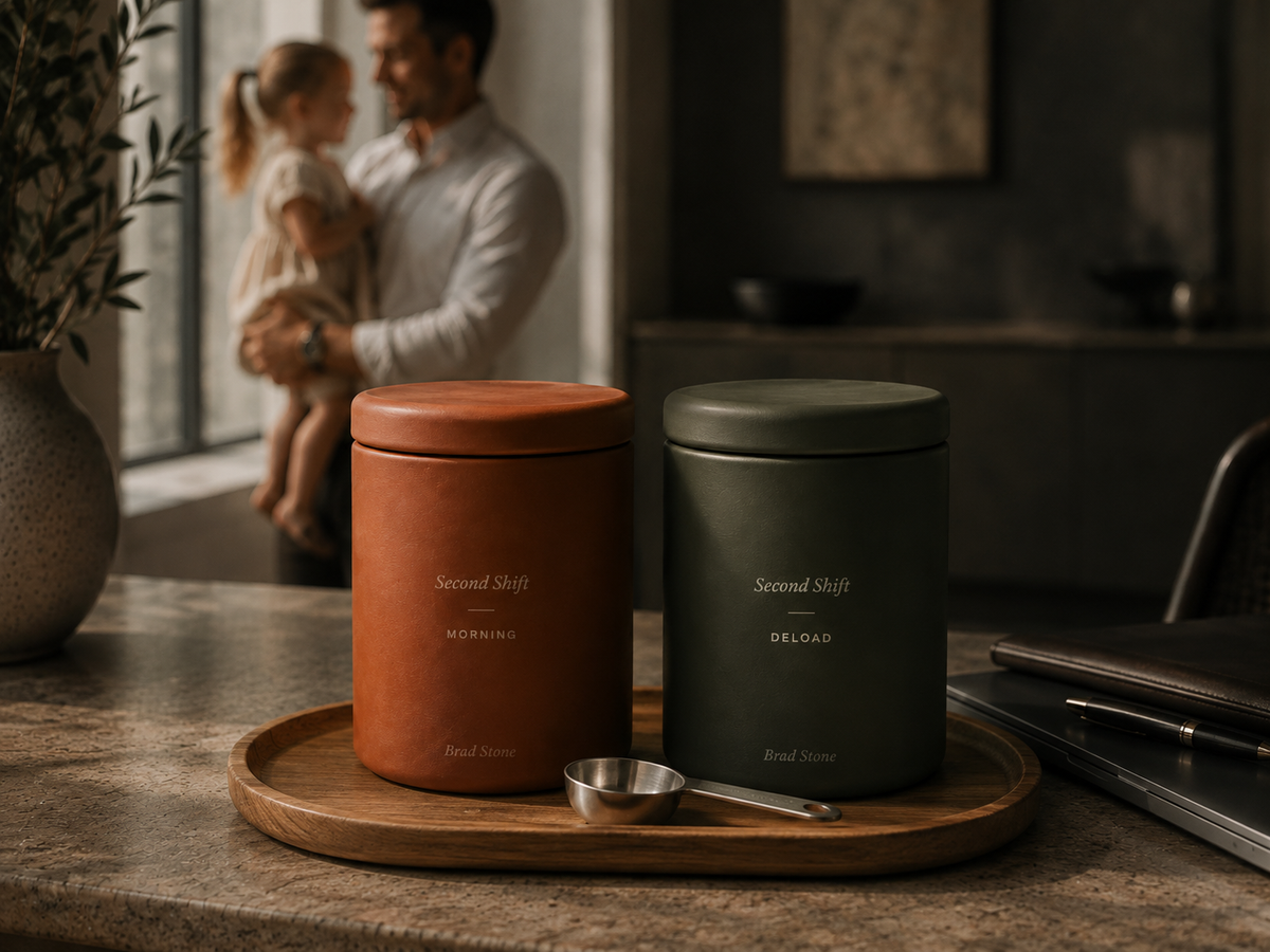Second Shift Founding Set with Morning and Deload terracotta jars, tray and stainless steel scoop