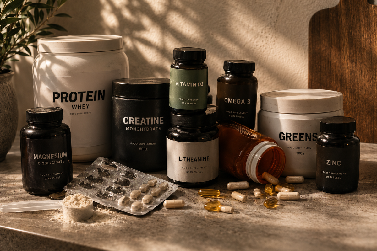 A cluttered collection of supplement tubs and bottles
