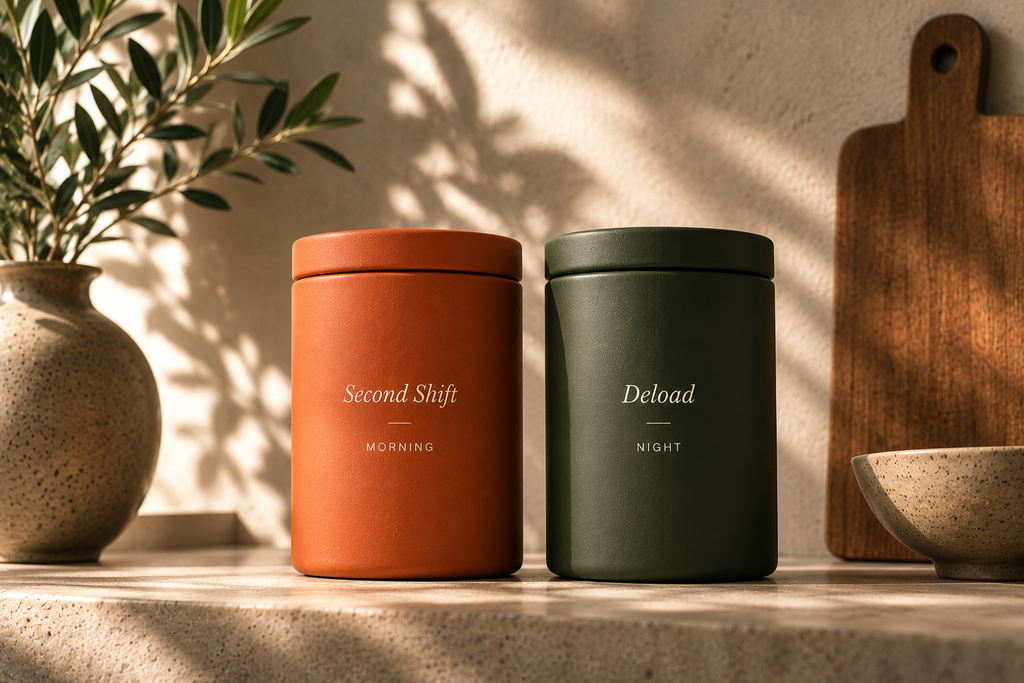 Two matte cylindrical containers with lids, one terracotta orange labeled 'Second Shift MORNING' and one dark green labeled 'Deload NIGHT', standing on a stone surface with warm sunlight and shadows, flanked by a ceramic vase with leaves and a wooden cutting board.