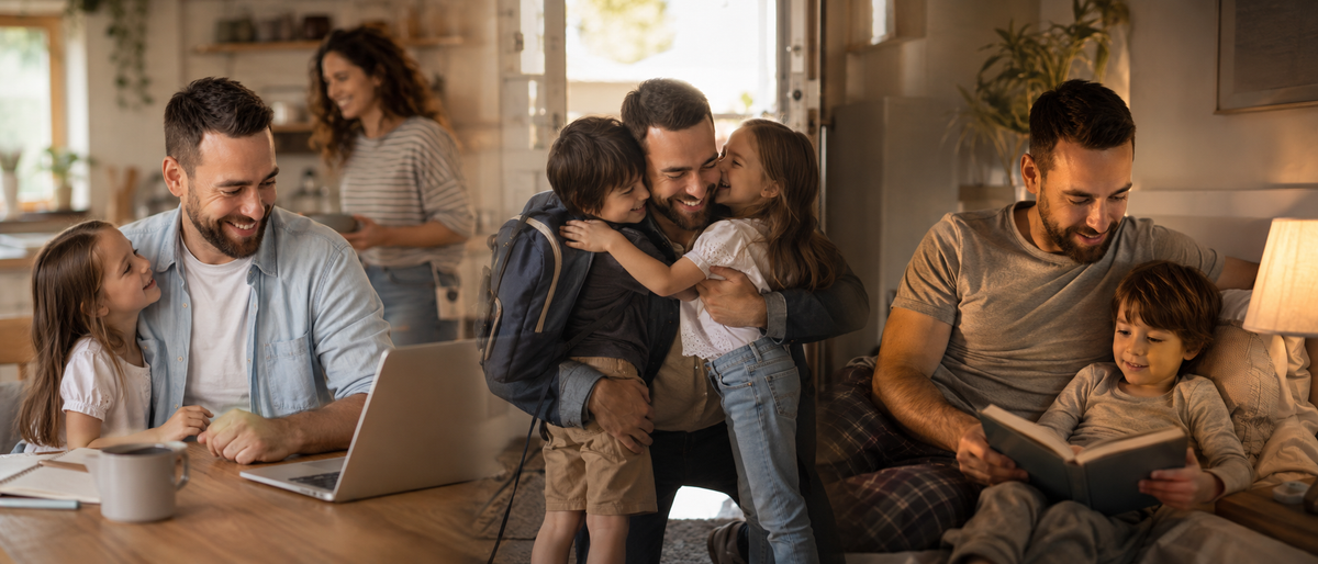 A father moving through his morning, family time and bedtime routine